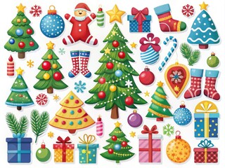 Colorful assortment of festive holiday icons, including decorated trees, stockings, bells, and gift boxes, perfect for creating cheerful Christmas messages and greetings.