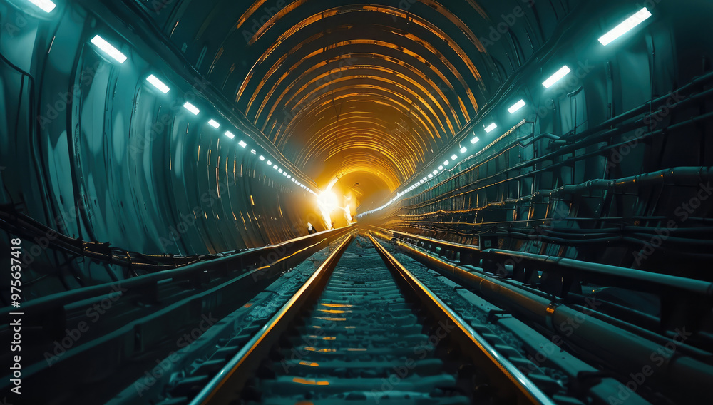 Poster View of railway track inside the tunnel with train coming from far. Generative AI.