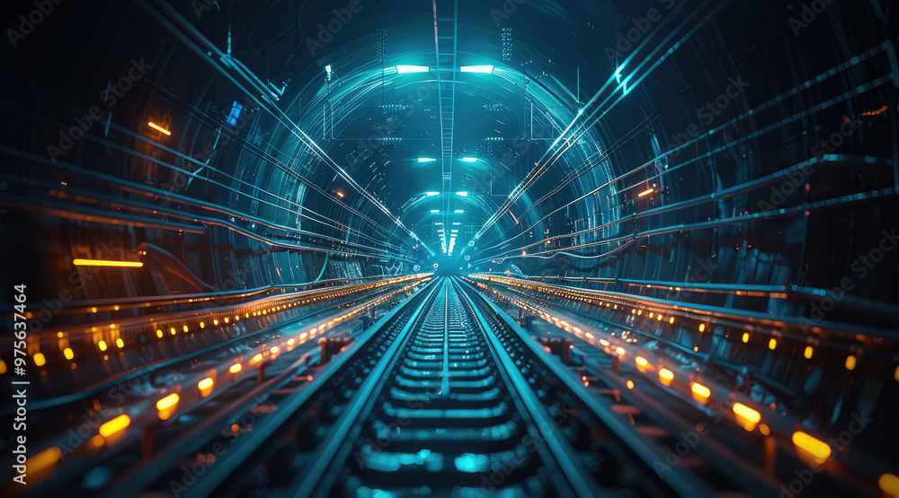 Poster view of railway track inside the tunnel with train coming from far. generative ai.