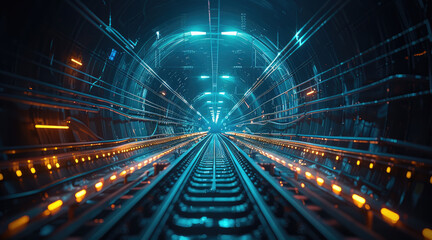 View of railway track inside the tunnel with train coming from far. Generative AI.