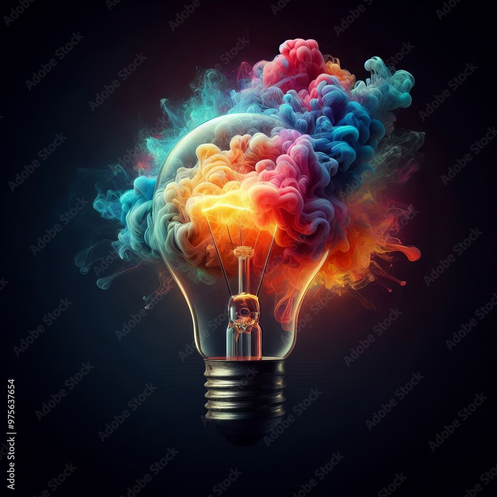Poster a mesmerizing image of a lightbulb filled with a swirling explosion of colorful smoke, symbolizing c