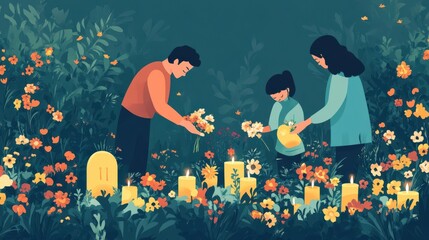 Family Remembering Loved One with Candles and Flowers in Garden