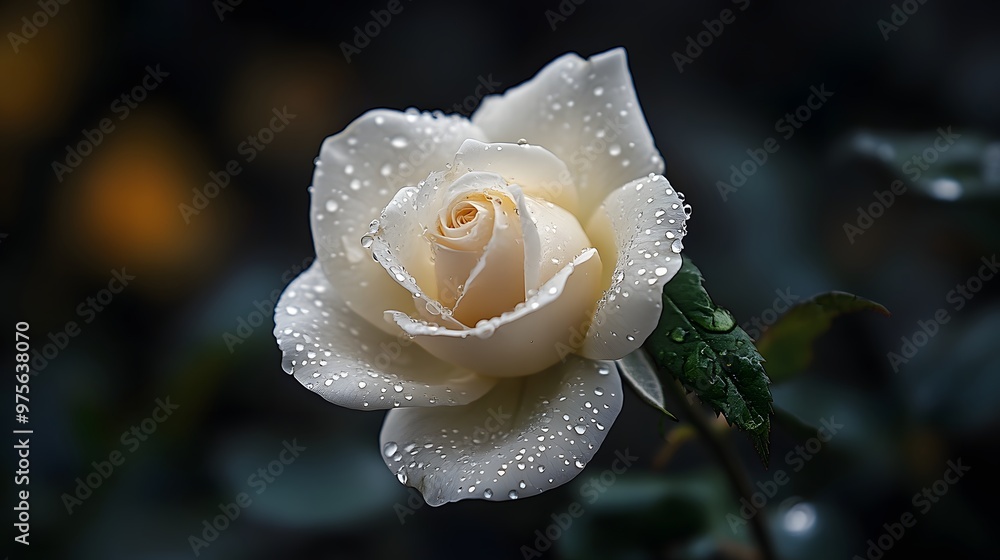 Wall mural 70. A single white rose with dew on the petals