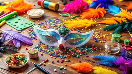 Fototapeta premium Colorful feathers, glitter, and other craft supplies surround a blank face mask on a table, ready to be transformed into a spooky or playful Halloween design.