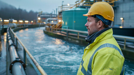 Water treatment facility worker wearing safety gear monitoring water quality at a plant