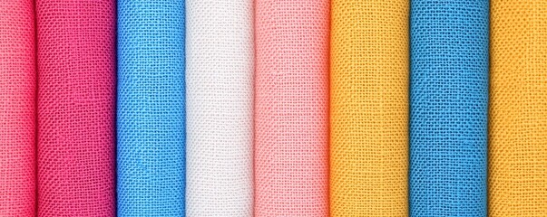 A vibrant collection of colorful fabric rolls, showcasing various textures and hues perfect for creative projects and designs.