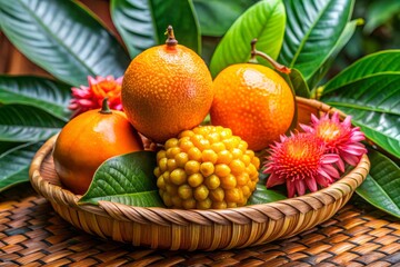 "A vibrant orange-golden guaran fruit with intricate patterns and ridges, resting on a woven basket amidst lush green leaves and tropical flowers."