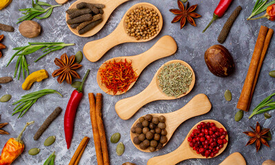 A set of spices on a gray background. Variety of spices from India. Food decoration design. Various spices, peppers and herbs close-up top view. Set of peppers, salt, herbs and spices for cooking.