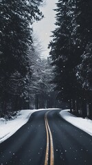 Obraz premium A winding road through a snowy forest, perfect for a winter drive.