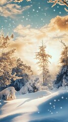 Snowy forest landscape with sun shining through the trees.