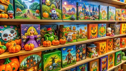 Fototapeta premium Colorful Halloween-themed board games, puzzles, and activity sets for kids, featuring spooky yet friendly characters, on a shelf, ready for purchase.