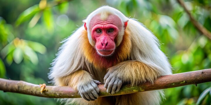 A bald uakari monkey perches on a tree branch, its stark white face and shoulders a striking contrast to its dark brown body.