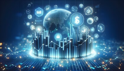 Fototapeta premium Creative growing forex chart on blue bokeh grid background. Trade, money, finance and success concept. 3D Rendering.