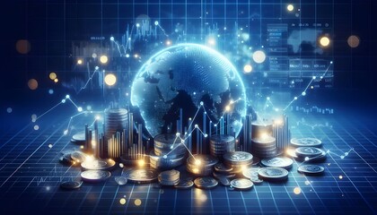 Fototapeta premium Creative growing forex chart on blue bokeh grid background. Trade, money, finance and success concept. 3D Rendering.