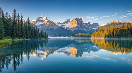 Mountain landscape with pine trees and calm lake at sunrise