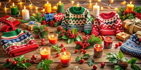 Fototapeta premium Colorful holiday sweaters and festive decorations scattered on a rustic table, surrounded by mistletoe and candles, inviting friends to a joyful Christmas celebration gathering.