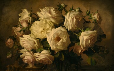 Generative-AI, Oil Painting of Roses with Rich Layered Brushstrokes and Darkened Vintage Palette