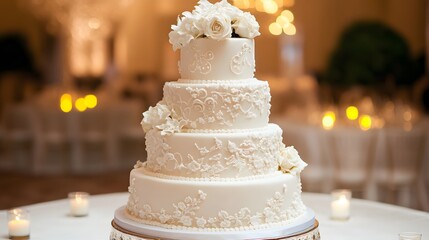 77. A pristine white wedding cake with elegant decorations
