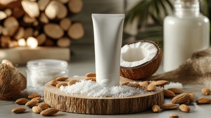 Natural skincare ingredients featuring coconut, almond, and sea salt in a serene rustic setting for a refreshing beauty routine.