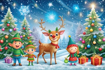 Colorful illustration of festive holiday scene featuring smiling reindeer, snowflakes, ornaments, and joyful elves amidst a winter wonderland background with snow-covered trees and sparkling stars.