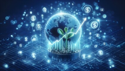 Obraz premium Creative growing forex chart on blue bokeh grid background. Trade, money, finance and success concept. 3D Rendering.
