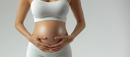 A pregnant woman gently cradles her belly, showcasing beauty of motherhood