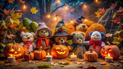 Colorful plush toys dressed in spooky costumes surround a lit jack-o-lantern, amidst autumn leaves and cobwebs, creating a festive and eerie Halloween party atmosphere.