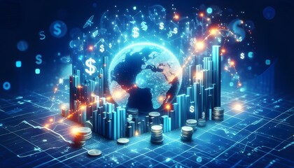 Fototapeta premium Creative growing forex chart on blue bokeh grid background. Trade, money, finance and success concept. 3D Rendering.