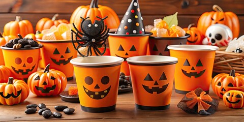 Colorful seasonal decoration kit featuring orange and black plastic cups, wraps, and accessories shaped like ghosts, pumpkins, and spiders for festive fall treats.