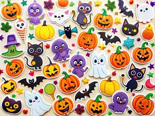 Colorful sheet of Halloween-themed stickers featuring spooky cats, bats, jack-o-lanterns, and ghosts, perfect for decorating parties, treats, or craft projects for kids.