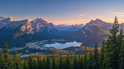 Mountain landscape with lake and forest at sunset