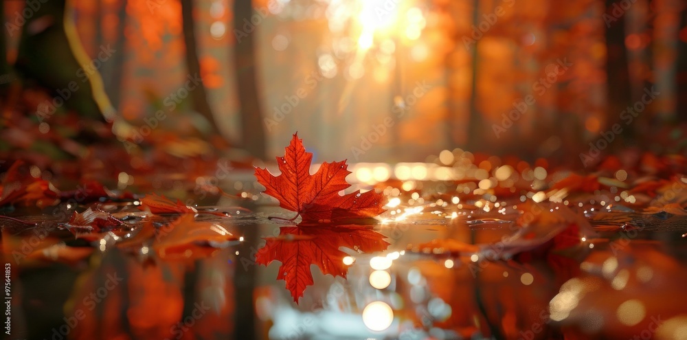 Poster red maple leaf on a tranquil pond surrounded by autumn foliage in a forest with soft sunlight filter