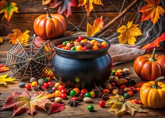 Colorful treats overflowing from a witch's cauldron, surrounded by cobwebs and autumn leaves, create a spooky yet inviting scene for trick-or-treaters to collect sweets.