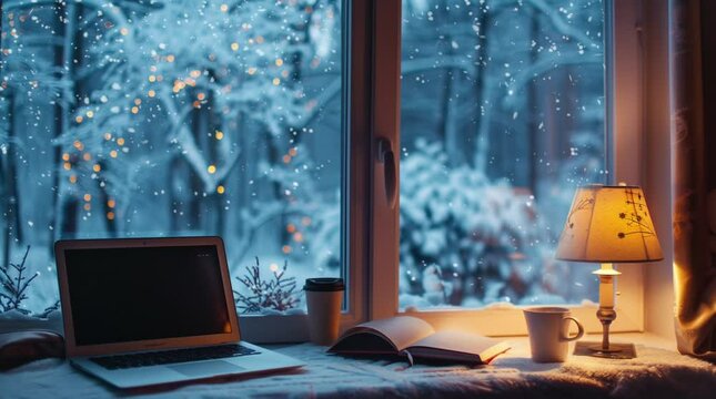 Laptop by a window overlooking a snowy winter night, cozy and serene work setting
 Seamless looping 4k time-lapse virtual video animation Generated AI