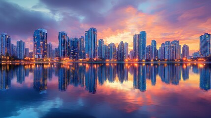 Fototapeta premium Cityscape with skyscrapers reflected in the lake at sunset