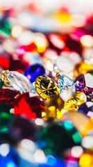 Obraz premium Close up of colorful gemstones, a yellow gem is in focus.