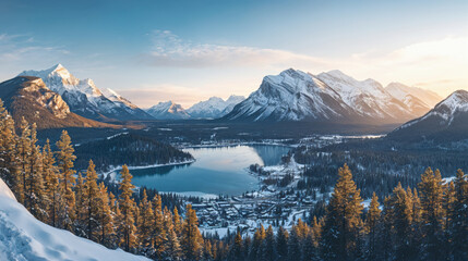 Snow covered mountains and lake with pine trees at sunrise