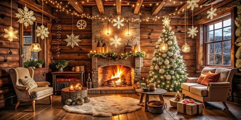 Cozy cabin interior with rustic wood accents, snowflakes gently falling outside, twinkling string lights, and a crackling stone fireplace surrounded by festive holiday decorations.