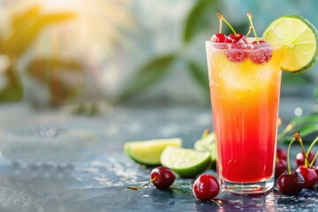 Fototapeta premium Refreshing Cherry Lime Cocktail for a Vibrant Summer Tropical Enjoyment