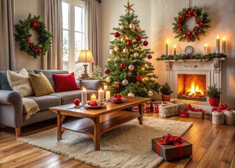 Cozy festive living room decorated with garland, red berries, and candles, featuring a snowflake-patterned rug, rustic wooden coffee table, and towering Christmas tree.