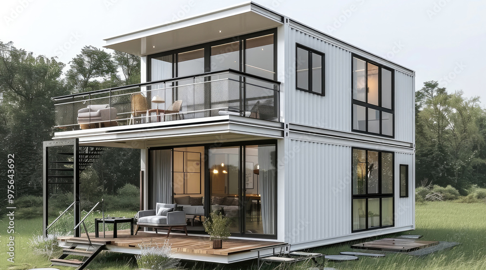Poster a two-story container house with a steel frame structure design, glass windows on the second floor, 