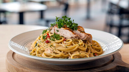 A delicious plate of chicken spaghetti aglio e olio garnished with basil, presented in a soft, elegant restaurant setting. 