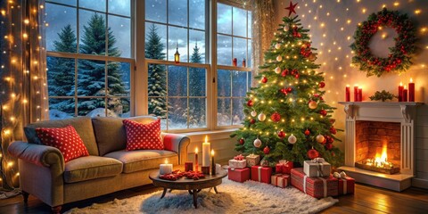 Obraz premium Cozy festive living room with decorated Christmas tree, snowflakes falling outside window, and presents wrapped in red and green paper, surrounded by candles and garlands.