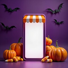 3D Rendered Halloween-Themed Promotional Image with Smartphone, Pumpkins, and Festive Decorations