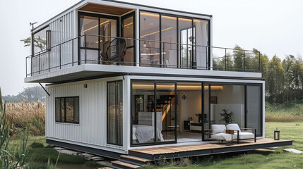 A two-story container house with a steel frame structure design, glass windows on the second floor, and white exterior walls against a grassland background. Generative AI.