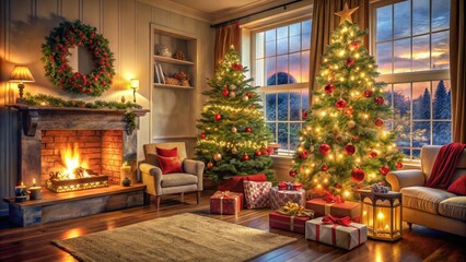 Fototapeta premium Cozy festive scene with decorated tree, wrapped gifts, and sparkling decorations illuminating a warm and inviting living room on a joyful holiday morning.