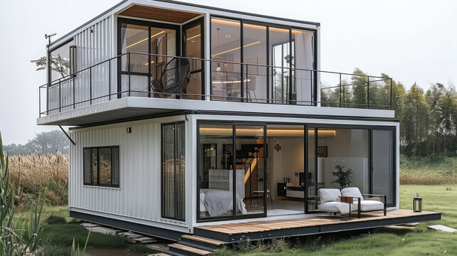 A two-story container house with a steel frame structure design, glass windows on the second floor, and white exterior walls against a grassland background. Generative AI.
