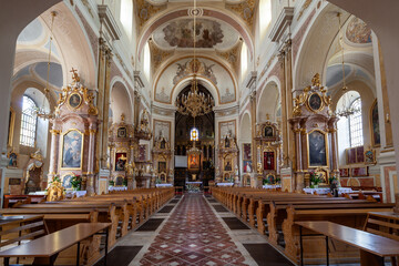 Interior of the Collegiate Basilica of the Assumption of the Blessed Virgin Mary. Kalisz, Poland.