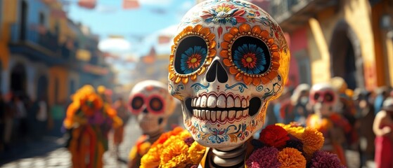 Obraz premium Day of the Dead Sugar Skull with Flowers and Decorated Street