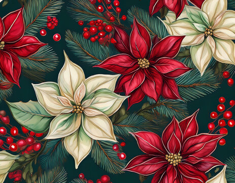  Seamless poinsettia pattern, featuring hand-drawn floral branches, berries, and Christm_1(892)
